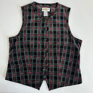 Vintage Velvet Plaid Vest Small Red Green Tartan Button Front Holiday Christmas‎